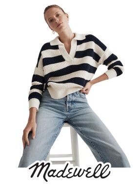 Madewell | Waffle-Knit Henley Sweater Stripe Navy Cream - Size M